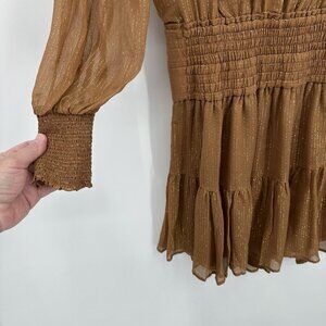 ALC SILVIE dress smocked long sleeve sheer metallic stripe silk butterscotch 2